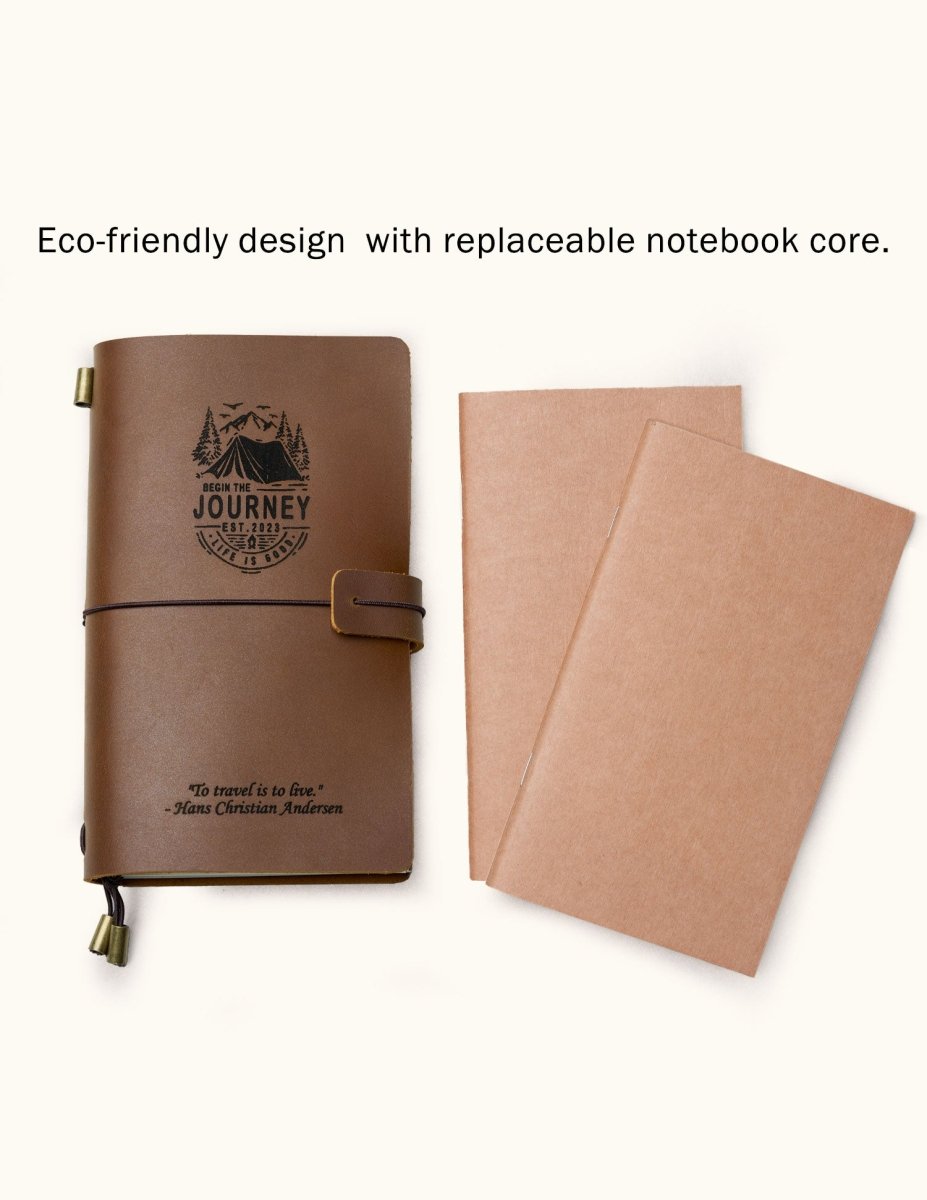 Handmade leather travel journal with eco-friendly design and replaceable refill inserts, showing a brown leather cover with engraving and two kraft paper refill notebooks.