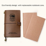 Handmade leather travel journal with eco-friendly design and replaceable refill inserts, showing a brown leather cover with engraving and two kraft paper refill notebooks.