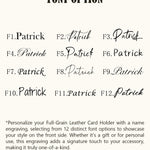 Twelve font options for personalized engraving on handmade leather wallets, showcasing different script and serif styles for customizing full-grain leather card holders.