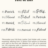 Twelve font options for personalized engraving on handmade leather wallets, showcasing different script and serif styles for customizing full-grain leather card holders.