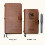 Two handcrafted full-grain leather travel notebooks in daily and pocket sizes, with elastic closure and custom engraving, perfect for journaling, sketching, and gift for men.