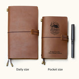 Two handcrafted full-grain leather travel notebooks in daily and pocket sizes, with elastic closure and custom engraving, perfect for journaling, sketching, and gift for men.