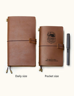 Two handcrafted full-grain leather travel notebooks in daily and pocket sizes, with elastic closure and custom engraving, perfect for journaling, sketching, and gift for men.