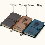 Three handcrafted leather travel notebooks in coffee, vintage brown, and navy colors, with elastic closure, custom engraving, and refillable design, perfect for journaling and gifts.