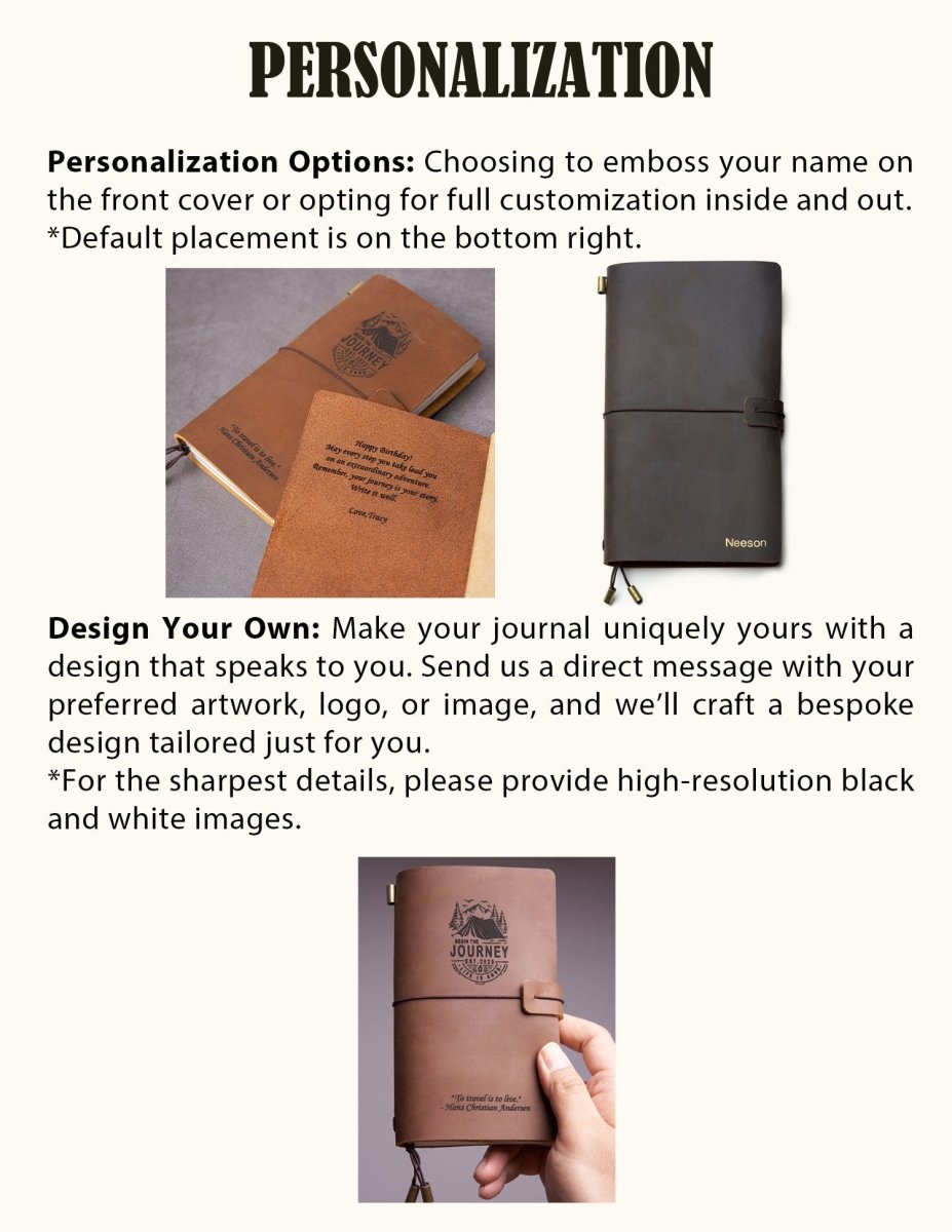 Handcrafted leather travel journals showing personalization options with custom name engraving, logo embossing, and bespoke design, allowing customers to create unique refillable notebooks.