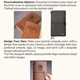 Handcrafted leather travel journals showing personalization options with custom name engraving, logo embossing, and bespoke design, allowing customers to create unique refillable notebooks.