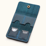 Interior view of blue leather SD card holder with four stitched compartments and snap closure, designed for photographers or tech users