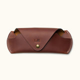 Front view of handmade brown Crazy Horse leather glasses case with snap button and personalized initials