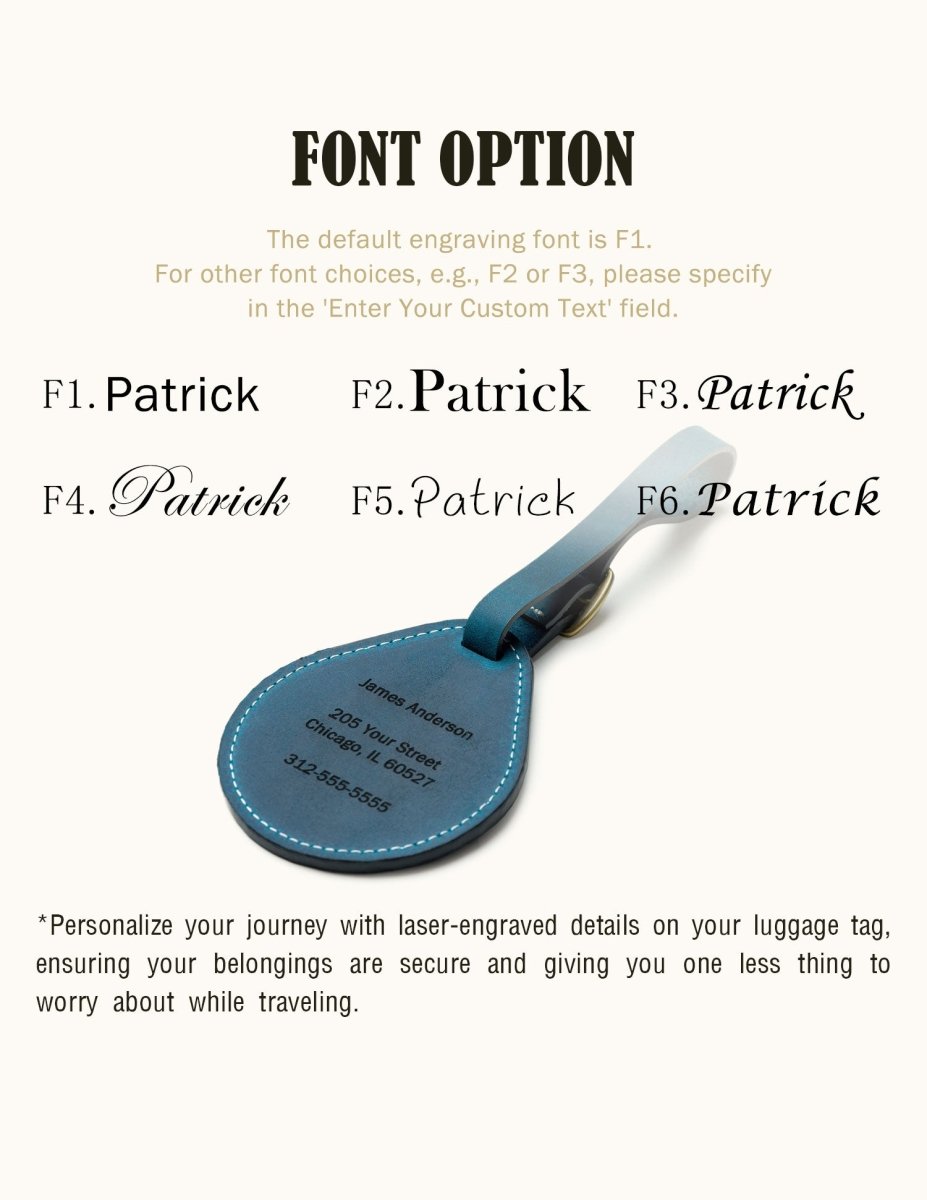 Font options for custom laser-engraved leather luggage tag with sample address on navy tag