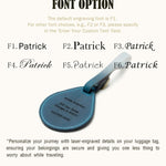 Font options for custom laser-engraved leather luggage tag with sample address on navy tag