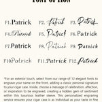 Twelve elegant font styles for personalizing leather cigar cases, shown with the sample name "Patrick". Customers can choose their preferred font for custom engraving