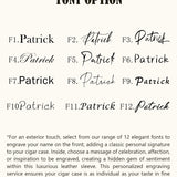 Twelve elegant font styles for personalizing leather cigar cases, shown with the sample name "Patrick". Customers can choose their preferred font for custom engraving