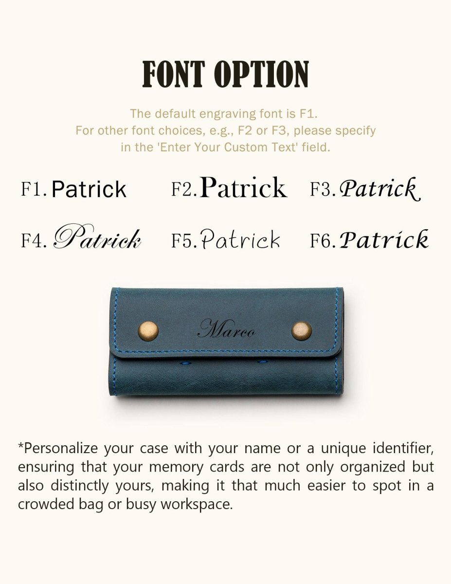Engraving font options for personalized leather SD card holder, showing six styles with example name Marco on a blue case