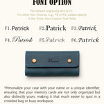Engraving font options for personalized leather SD card holder, showing six styles with example name Marco on a blue case