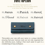 Engraving font options for personalized leather SD card holder, showing six styles with example name Marco on a blue case