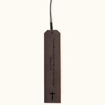 Dark brown leather bookmark engraved with the Bible verse "I am with you always, to the very end of the age" - Matthew 28:20, and a cross symbol at the bottom