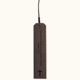 Dark brown leather bookmark engraved with the Bible verse "I am with you always, to the very end of the age" - Matthew 28:20, and a cross symbol at the bottom