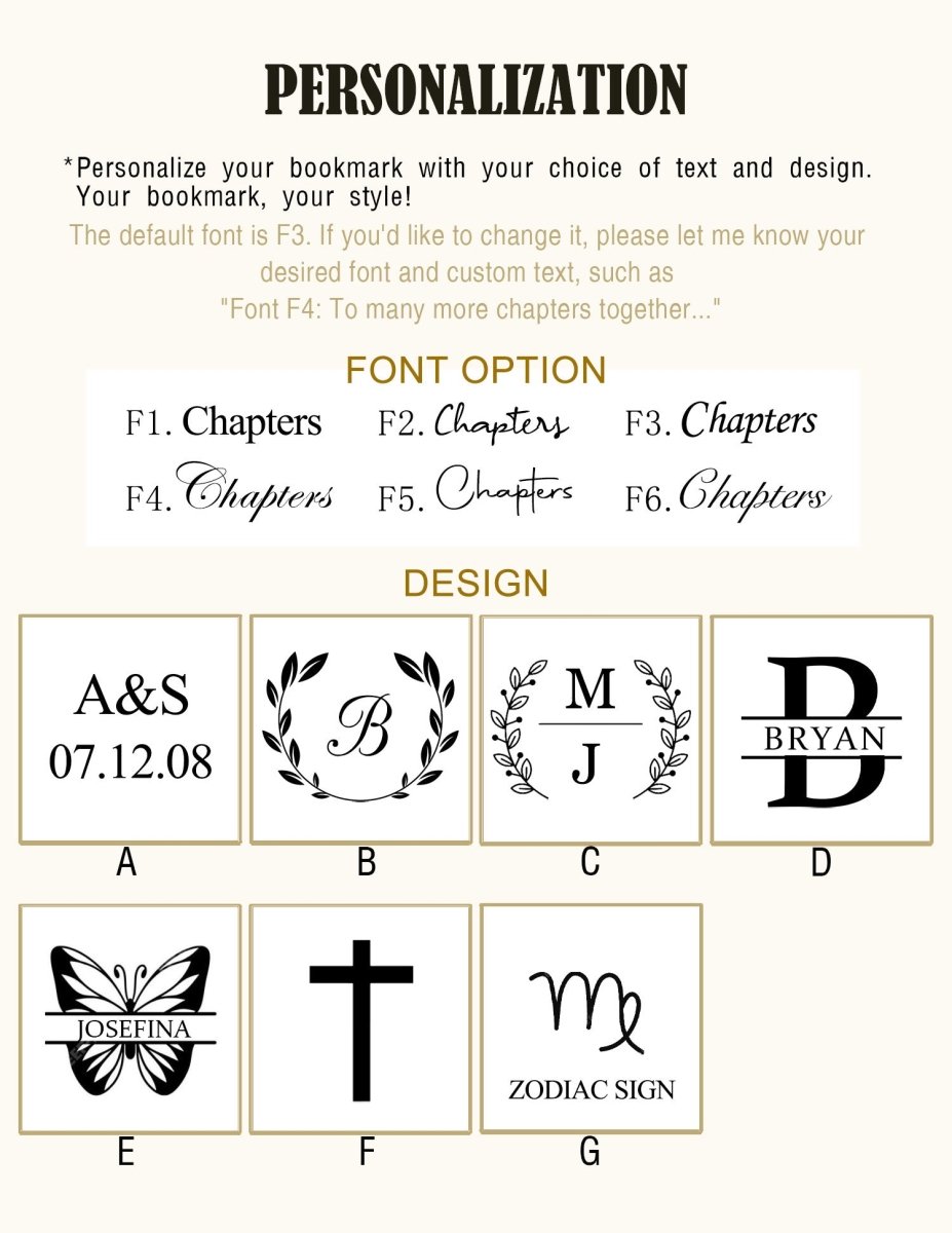 Personalization guide for leather bookmarks showing font choices (F1–F6) and design options (A–G), including initials, dates, crosses, butterflies, and zodiac signs
