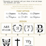 Personalization guide for leather bookmarks showing font choices (F1–F6) and design options (A–G), including initials, dates, crosses, butterflies, and zodiac signs