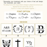 Personalization guide for leather bookmarks showing font choices (F1–F6) and design options (A–G), including initials, dates, crosses, butterflies, and zodiac signs
