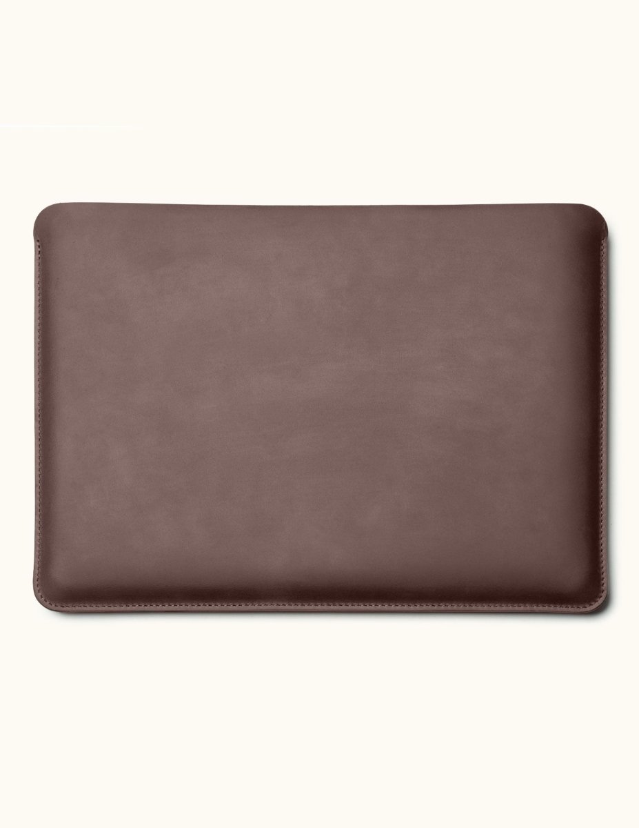 Front view of coffee color full-grain leather MacBook Pro sleeve, fits 14-inch and 16-inch models, customizable