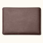 Front view of coffee color full-grain leather MacBook Pro sleeve, fits 14-inch and 16-inch models, customizable