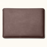 Front view of coffee color full-grain leather MacBook Pro sleeve, fits 14-inch and 16-inch models, customizable