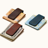 Three leather magnetic money clips in Vintage Brown, Navy, and Coffee – personalized cash holders for different currencies