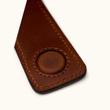 Close-up detail of magnetic clasp and hand-stitched brown leather money clip – durable craftsmanship and premium finish