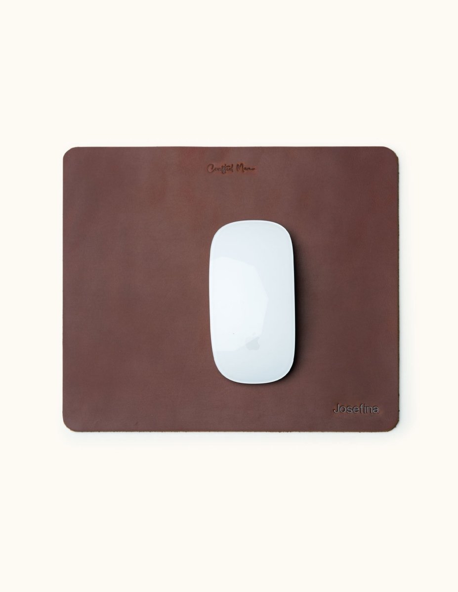 Personalized leather mouse pad with name engraving, top-grain surface for mouse or desk mat use