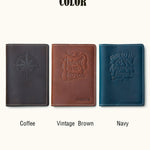 Leather passport covers in three color options – Coffee, Vintage Brown, and Navy – customizable with embossed designs