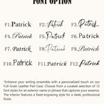 Font options guide for customizing a full-grain leather pen case, featuring 12 elegant engraving styles for personalized names or messages
