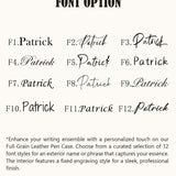 Font options guide for customizing a full-grain leather pen case, featuring 12 elegant engraving styles for personalized names or messages