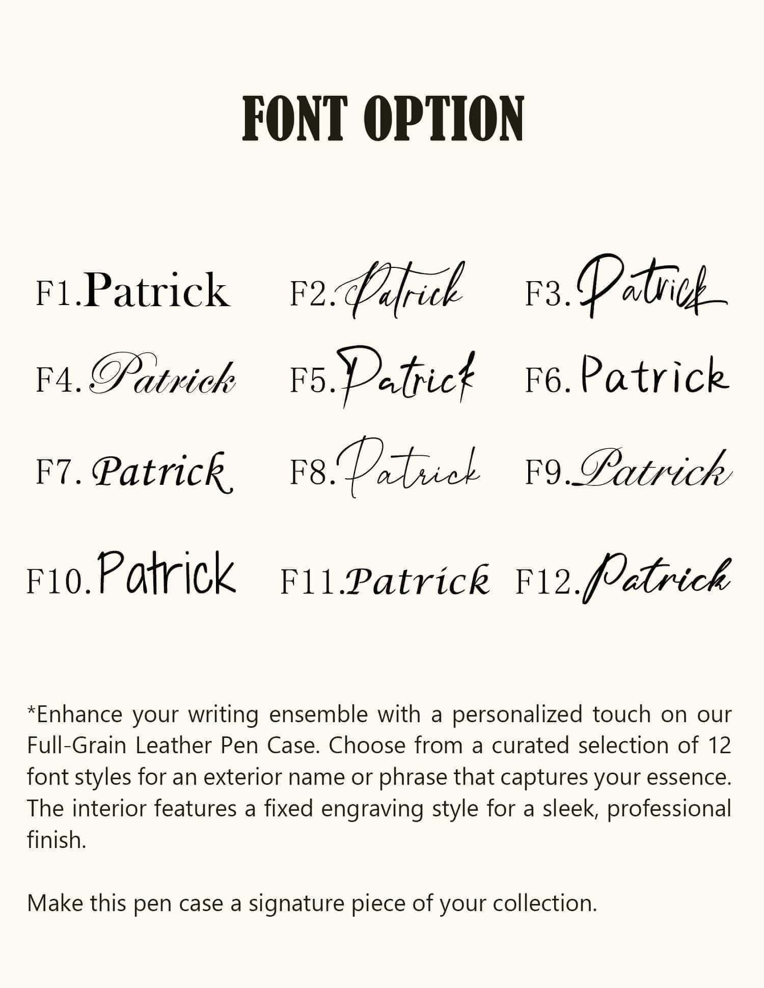 Font options guide for customizing a full-grain leather pen case, featuring 12 elegant engraving styles for personalized names or messages
