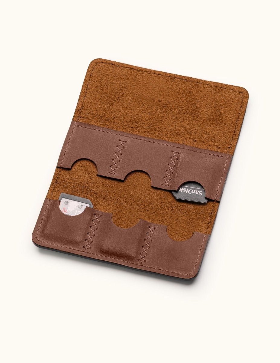 Interior view of personalized leather SD card holder with six stitched slots, storing memory cards securely for photographers or gamers