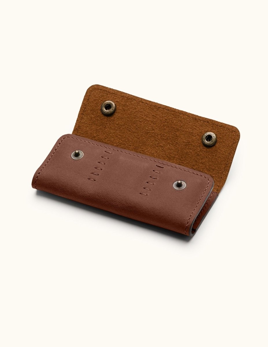 Back view of brown leather SD card holder with snap button closure and hand-stitched detailing