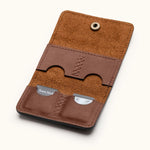 Vertical view of handcrafted leather Micro SD card holder with four stitched pockets for memory card storage and protection