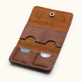 Vertical view of handcrafted leather Micro SD card holder with four stitched pockets for memory card storage and protection