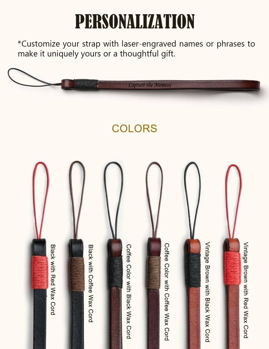 Personalized leather camera wrist strap with laser engraving and multiple color options including black, coffee, and vintage brown, each paired with different wax cord styles