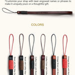Personalized leather camera wrist strap with laser engraving and multiple color options including black, coffee, and vintage brown, each paired with different wax cord styles