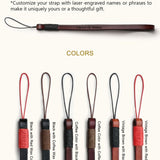 Personalized leather camera wrist strap with laser engraving and multiple color options including black, coffee, and vintage brown, each paired with different wax cord styles