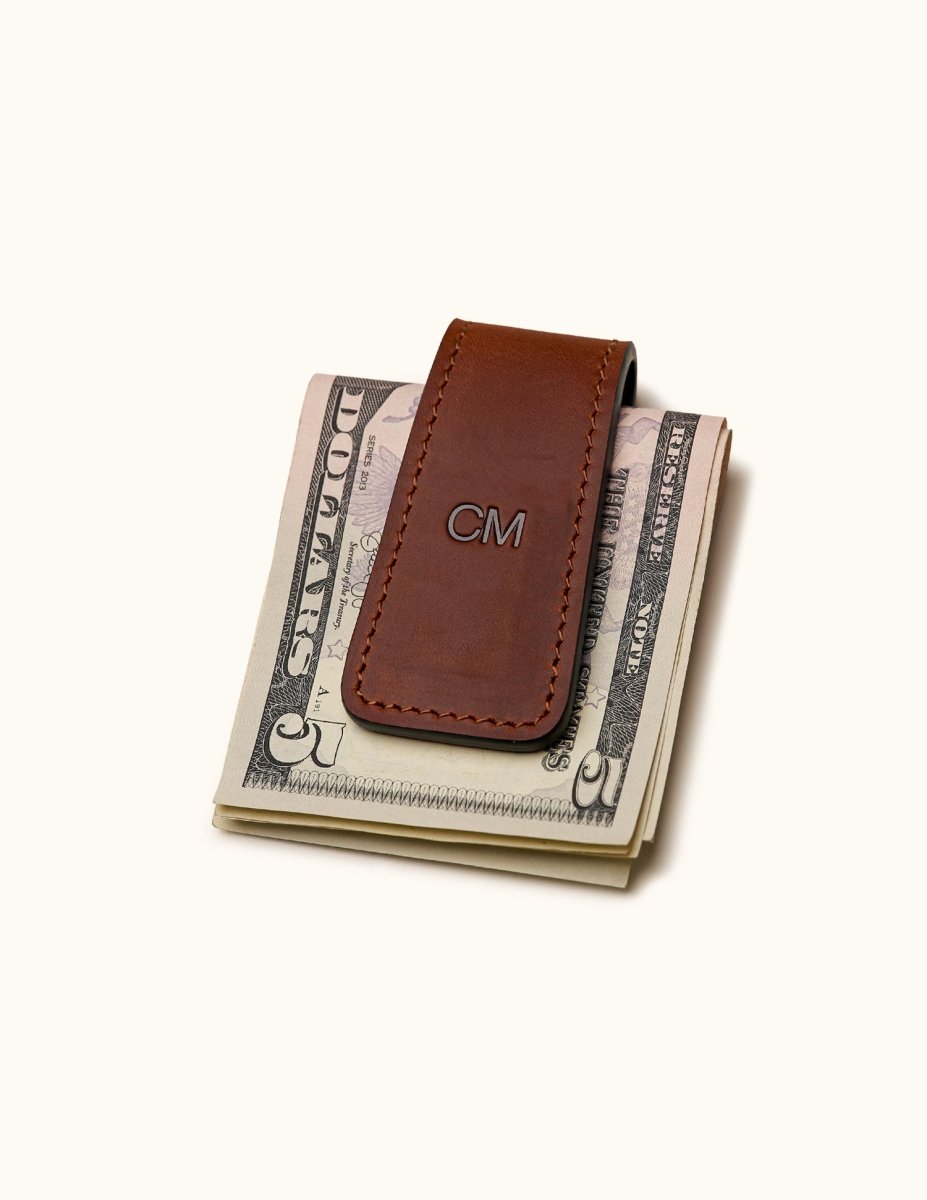 Brown leather magnetic money clip wallet with personalized initials – slim and stylish cash holder