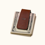 Brown leather magnetic money clip wallet with personalized initials – slim and stylish cash holder