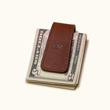 Brown leather magnetic money clip wallet with personalized initials – slim and stylish cash holder