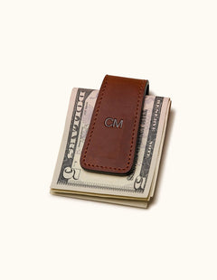 Brown leather magnetic money clip wallet with personalized initials – slim and stylish cash holder