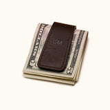Personalized coffee brown leather magnetic money clip with initials CM – slim wallet for cash organizatio