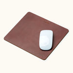 Small personalized leather mouse pad with name engraving and Apple Magic Mouse on top