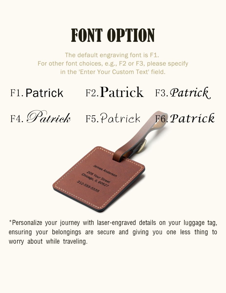 Six font options for personalized engraving on leather luggage tags, showcasing different script and serif styles with a brown leather tag displaying engraved contact information.