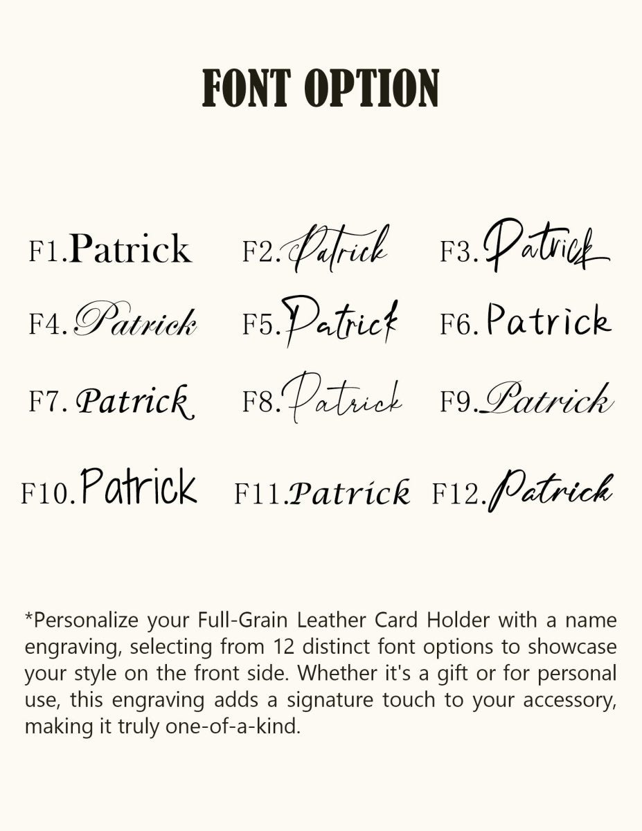 Twelve font options for personalized engraving on handmade leather wallets, showcasing different script and serif styles for customizing full-grain leather card holders.