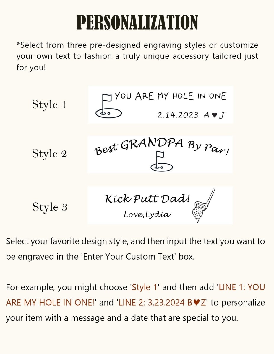 Personalization guide showing three engraving styles for golf-themed leather keychains, including “You Are My Hole In One,” “Best Grandpa By Par,” and “Kick Putt Dad,” with instructions for customizing your text.